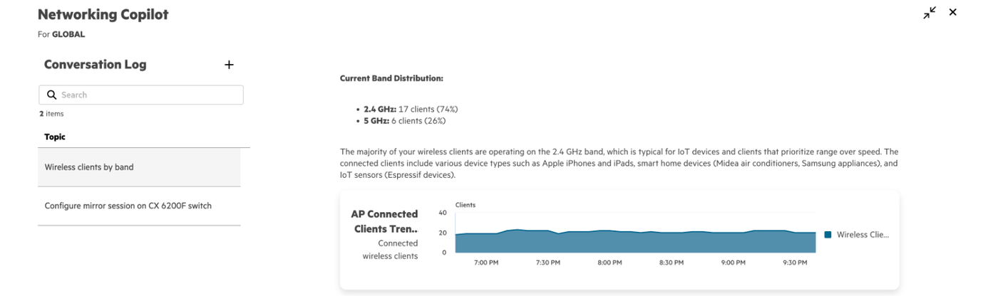 HPE Networking Copilot answer in New Central: Current Band Distribution, 2.4 GHz 17 clients 74 percent, 5 GHz 6 clients 26 percent, with an AP Connected Clients Trend chart below