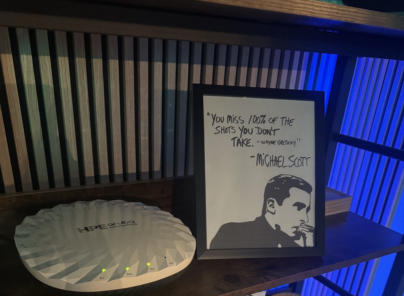 The AP-735 lying flat on its back on a wooden shelf inside a bookcase, radome facing up, with another wooden shelf directly above it