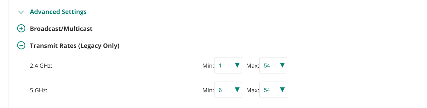 Aruba Central WLAN Advanced Settings with Transmit Rates (Legacy Only) expanded: 2.4 GHz Min 1 Max 54, 5 GHz Min 6 Max 54