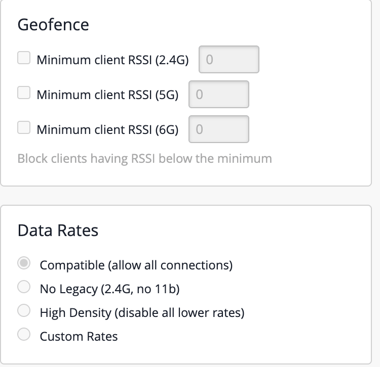 Juniper Mist WLAN settings: Geofence with minimum client RSSI per band, and Data Rates with four options, Compatible (allow all connections) selected, No Legacy (2.4G, no 11b), High Density (disable all lower rates), Custom Rates